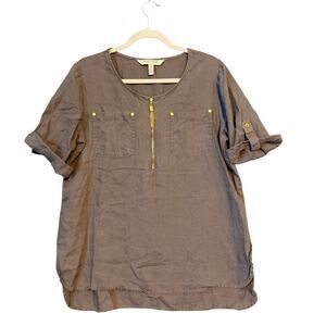 Ellen Tracy 100% Linen Blouse Gray Short Sleeve Top Sz L Gold Tassel Zip Detail